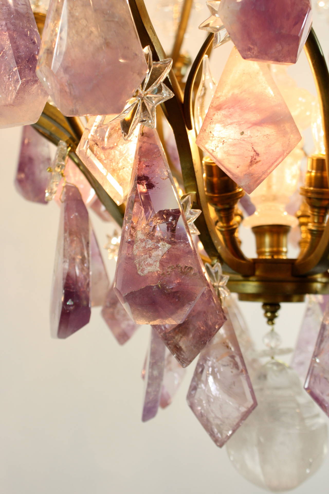 Stunning Gilt Bronze Chandelier with Amethyst and Rock Crystals In Good Condition In Pembroke, MA