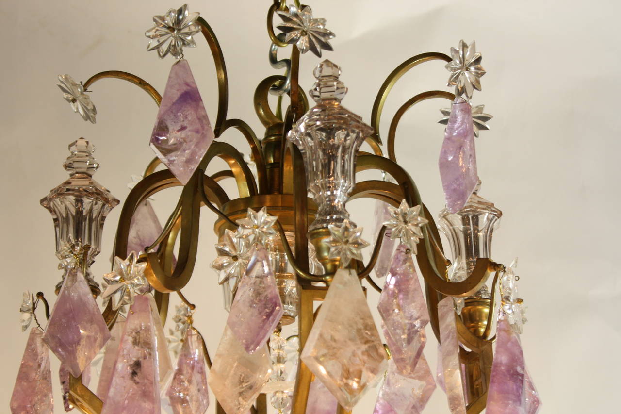 Stunning Gilt Bronze Chandelier with Amethyst and Rock Crystals For