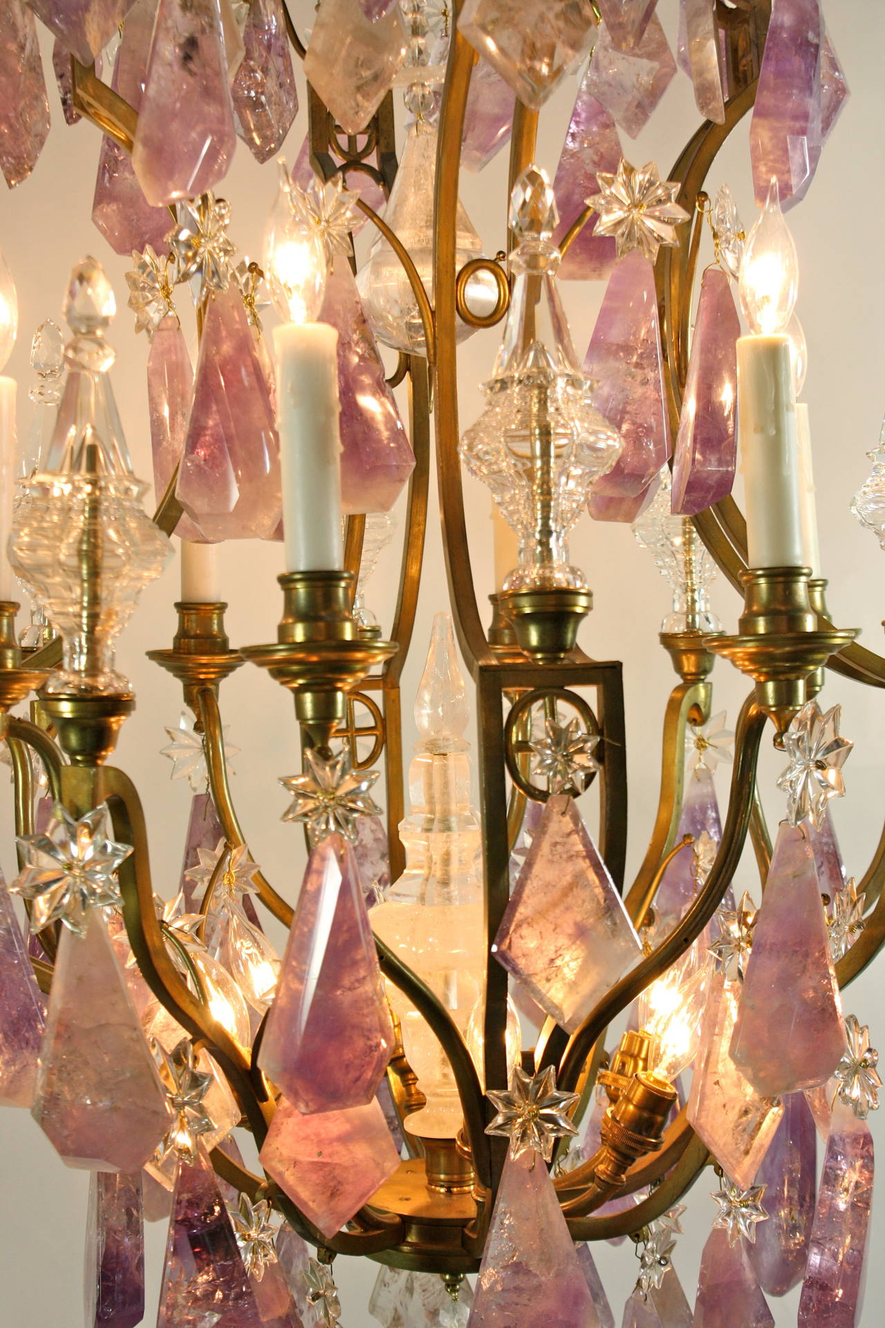 Stunning Gilt Bronze Chandelier with Amethyst and Rock Crystals For