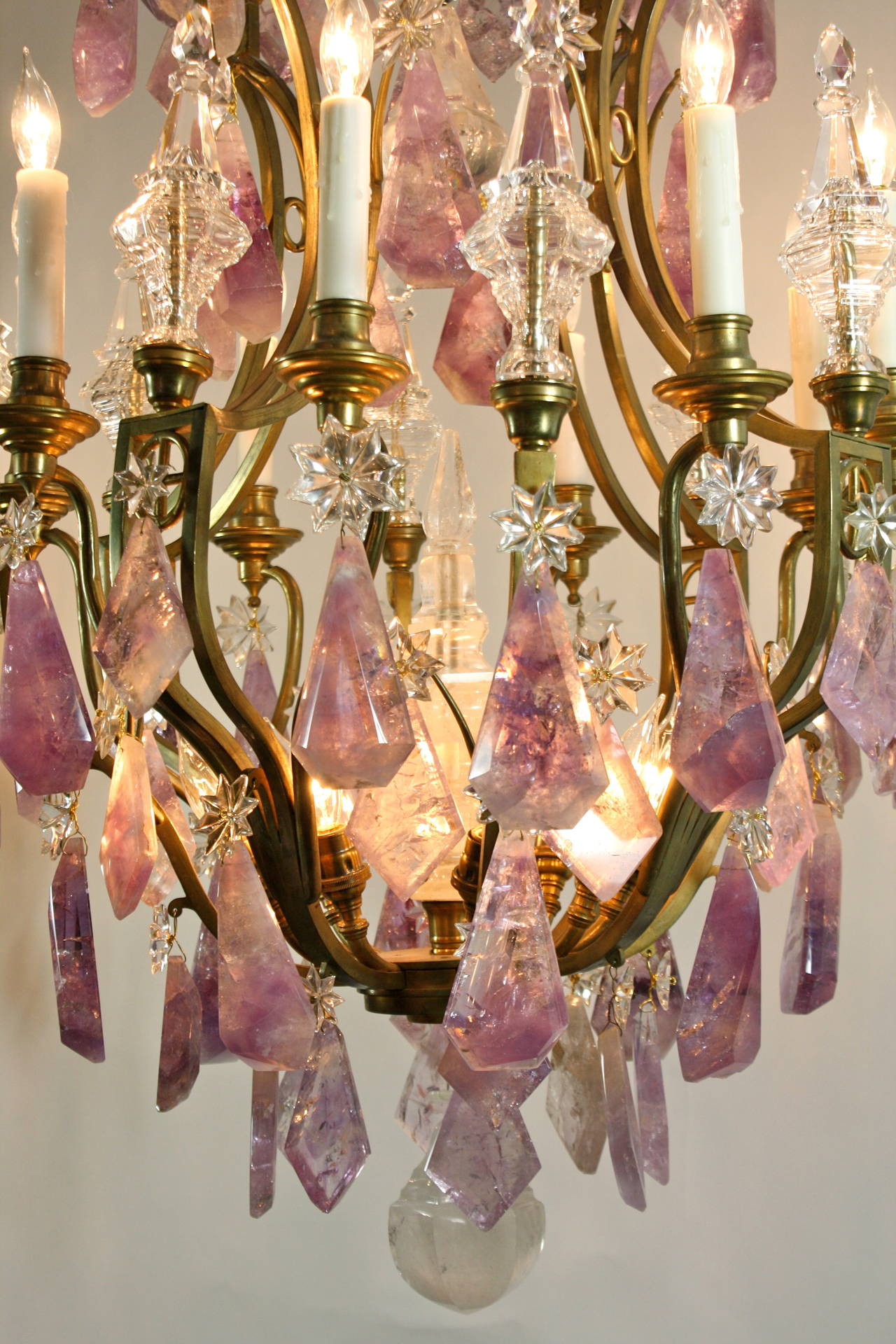 Louis XIV Stunning Gilt Bronze Chandelier with Amethyst and Rock Crystals