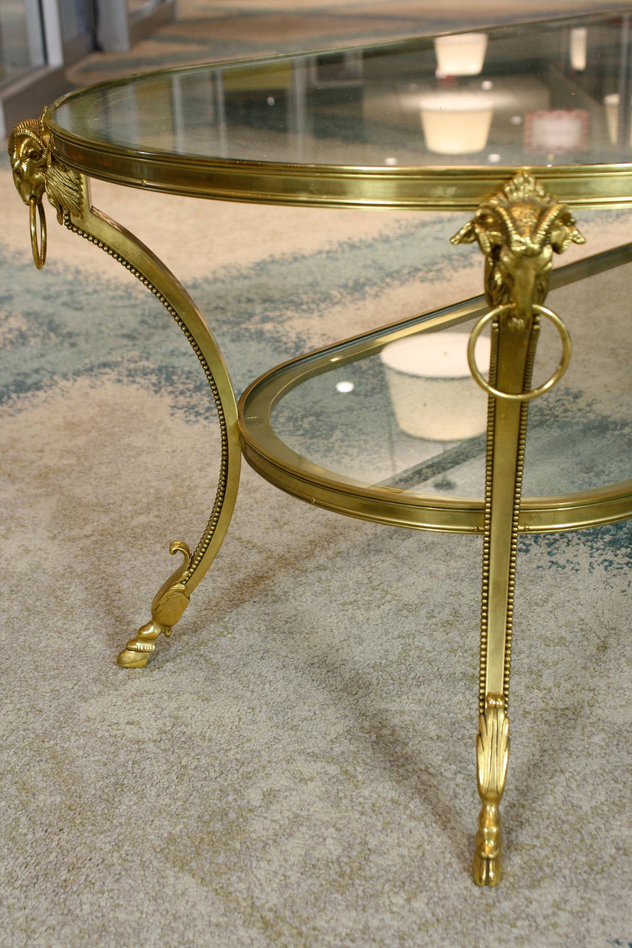 French Jansen Gilt Bronze Coffee Table with Rams' Heads