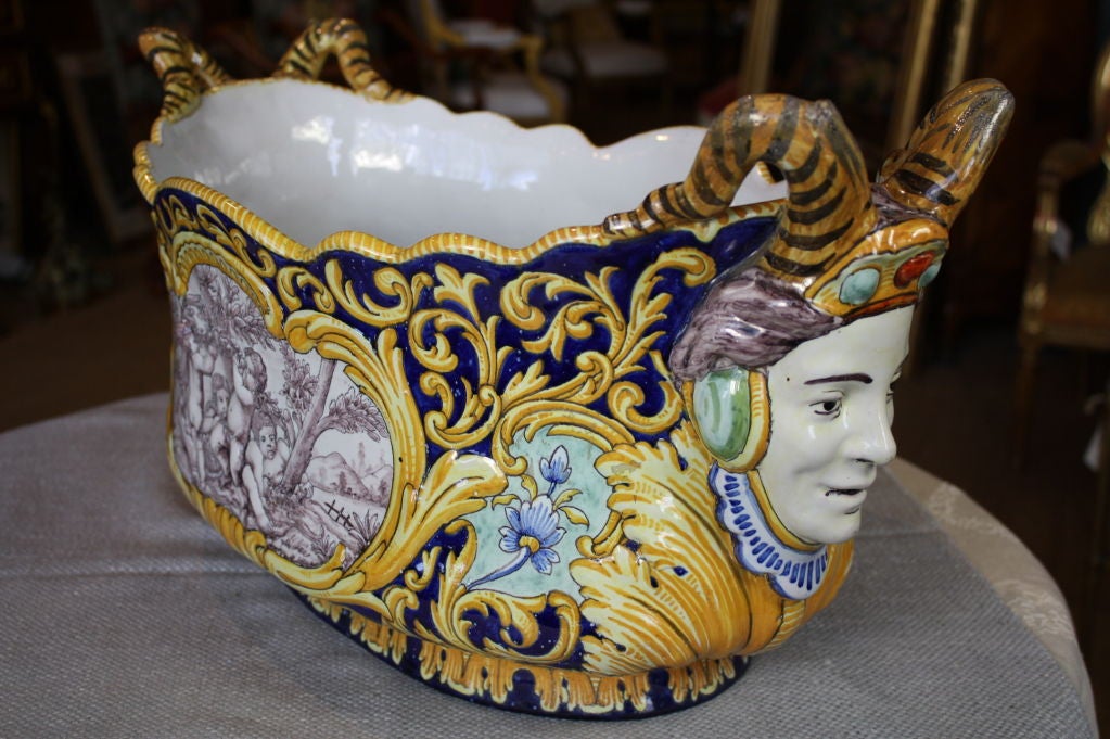 Rococo Large French Faience Jardinière with Jesters' Heads by Nevers For Sale