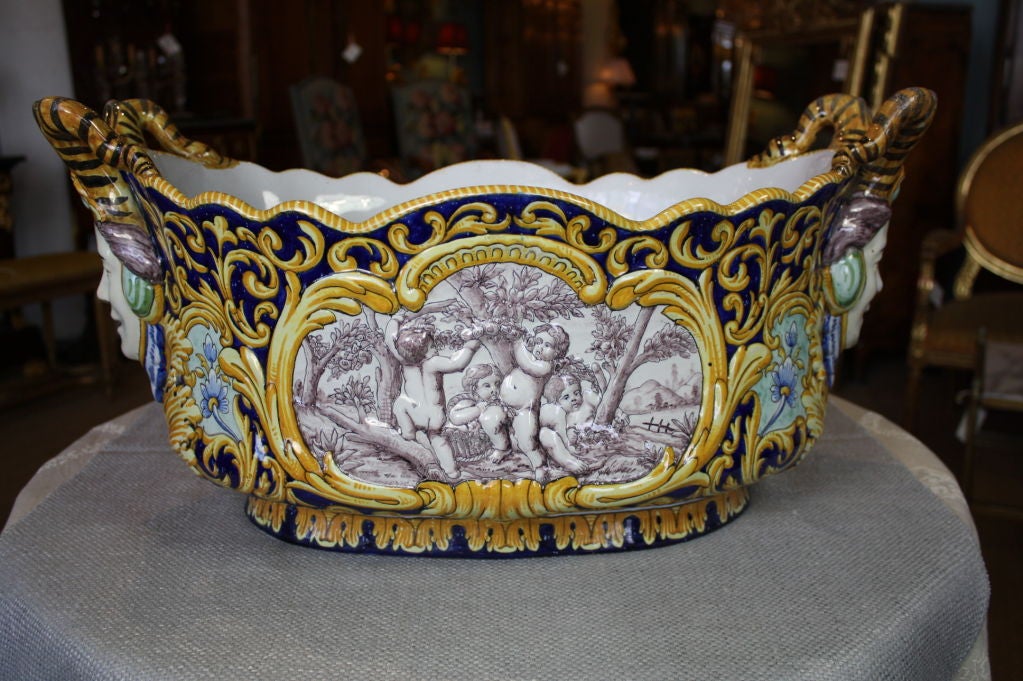 Glazed Large French Faience Jardinière with Jesters' Heads by Nevers For Sale