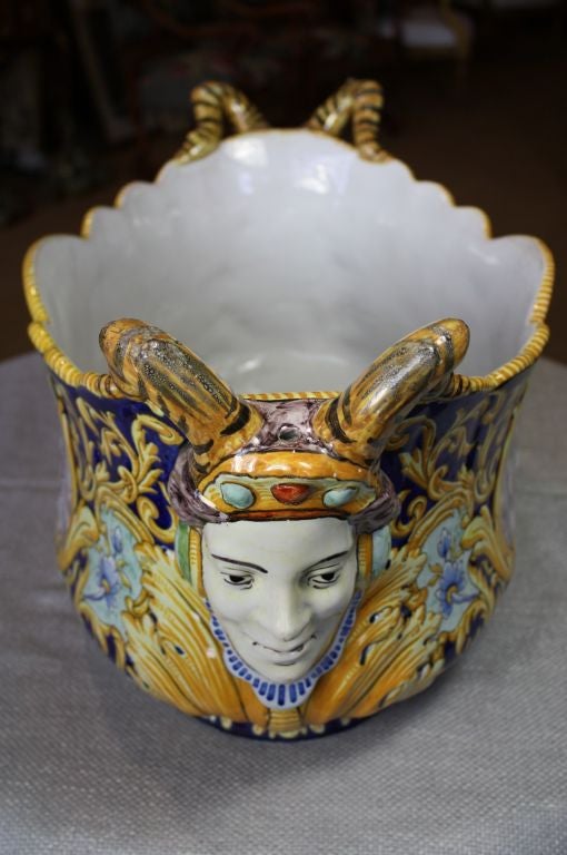 Large French Faience Jardinière with Jesters' Heads by Nevers In Good Condition For Sale In Pembroke, MA