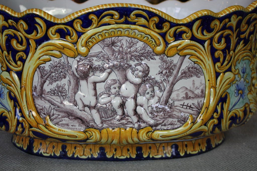 19th Century Large French Faience Jardinière with Jesters' Heads by Nevers For Sale