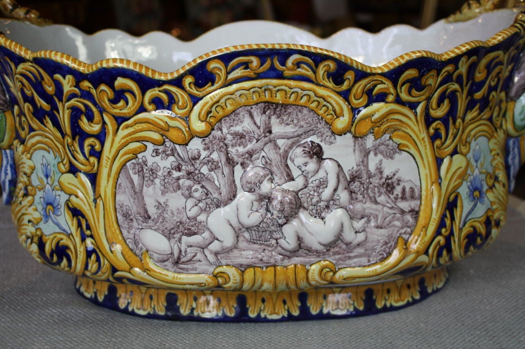 Ceramic Large French Faience Jardinière with Jesters' Heads by Nevers For Sale