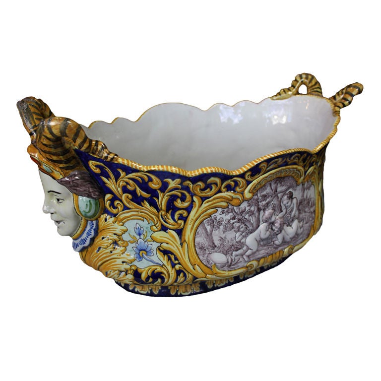 Large French Faience Jardinière with Jesters' Heads by Nevers For Sale