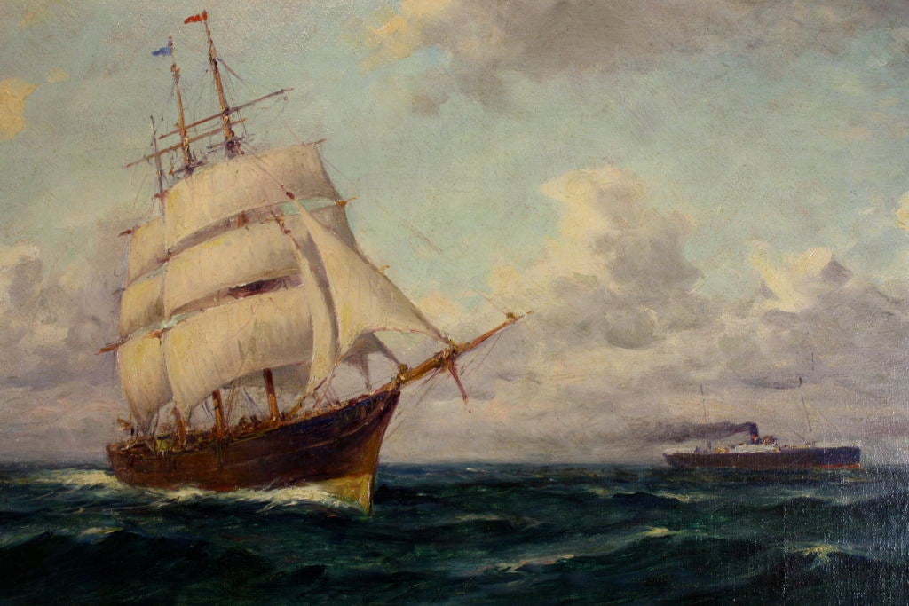 Marine oil painting of a clipper ship and a steamship, signed by the French painter, Charles Malfroy (1862-1918).  Highly-carved giltwood frame, probably original to the painting, 19th century.  Very unique seascape depicting  images of both sailing