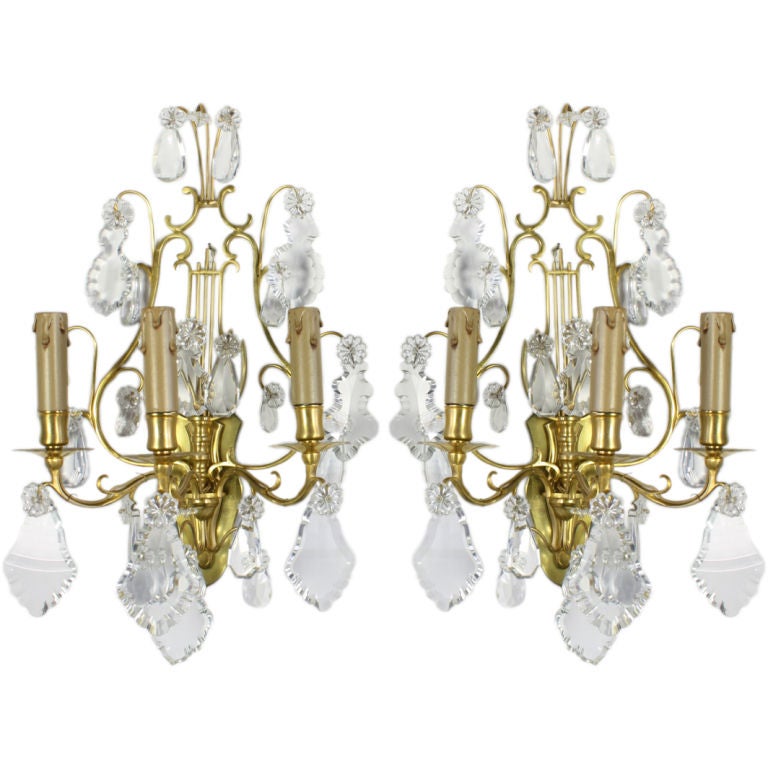 Pair of French Gilt Bronze and Crystal Lyre Form Sconces