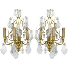 Pair of French Gilt Bronze and Crystal Lyre Form Sconces