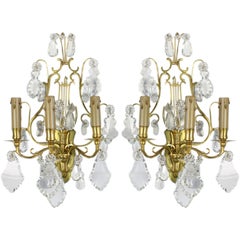 Pair of French Gilt Bronze and Crystal Lyre Form Sconces