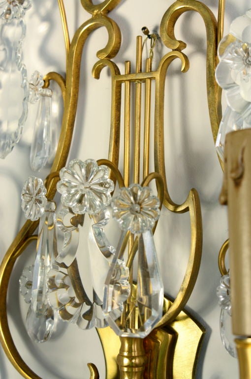 Pair of French Gilt Bronze and Crystal Lyre Form Sconces 1