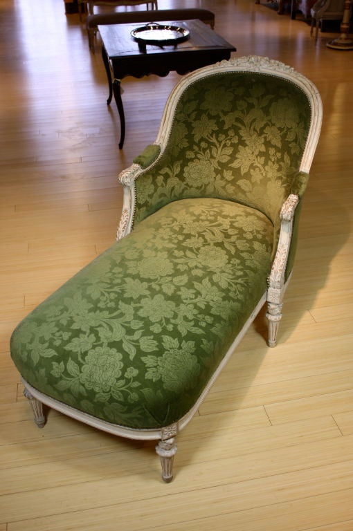 Velvet French Louis XVI Style Painted Chaise Longue