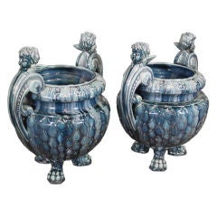 Pair of French Blue Cache Pots with Winged Angels