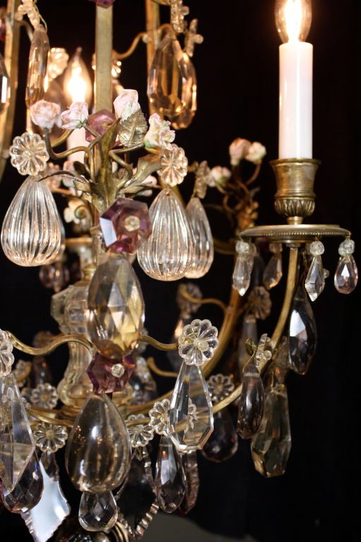 19th Century French Bronze and Crystal Chandelier with Porcelain Flowers For Sale