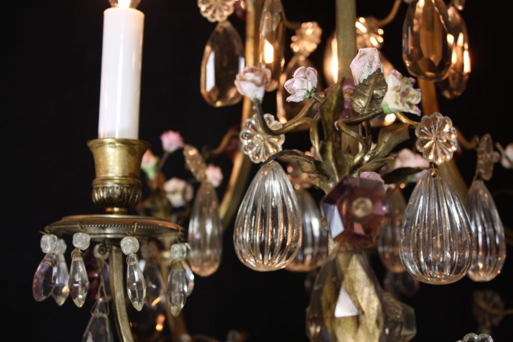 French Bronze and Crystal Chandelier with Porcelain Flowers In Good Condition For Sale In Pembroke, MA