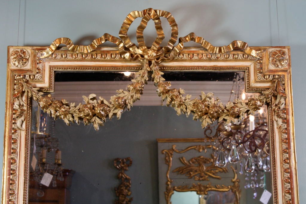 Carved French Louis XVI Style Gilded and Polychrome Mirror For Sale