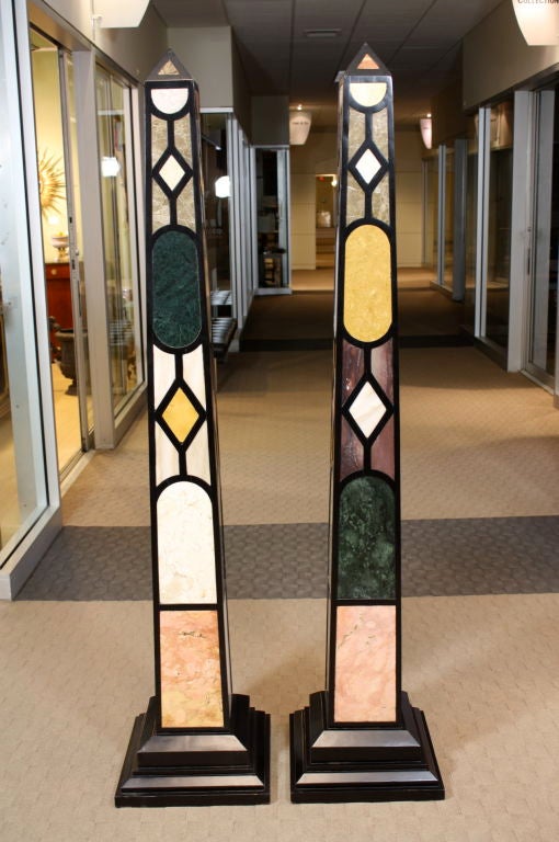 Pair of Large (Over 6') Marble and Wood Obelisks