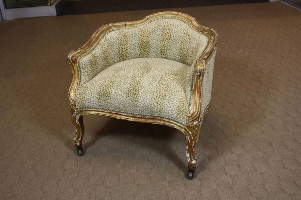 Louis XV style gilded pet bed on casters (probably was originally the foot section of a child's duchesse brisee). Curving scrolled arms, legs and rails make a beautiful example of Rococo style that any pampered dog or cat will love. Recently