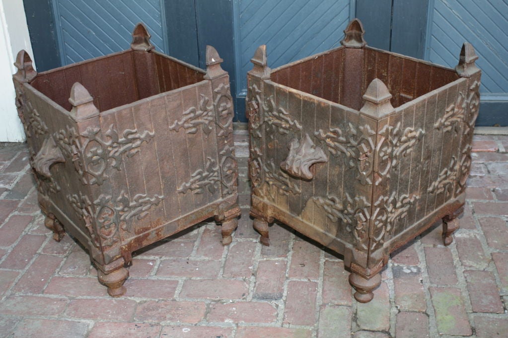 Rustic Pair of French Cast-Iron Planters