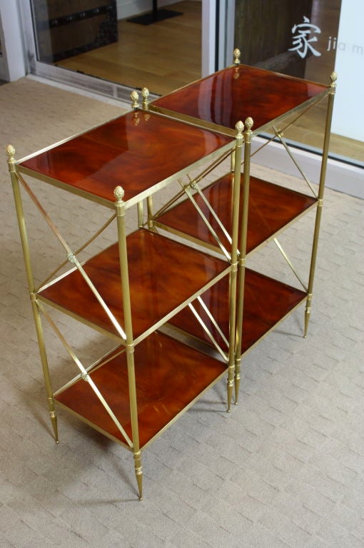 Pair of French Three-Tiered Brass Etageres In Good Condition In Pembroke, MA