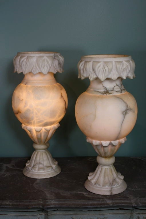 Art Deco Pair of Large French Carved Alabaster Lamps For Sale