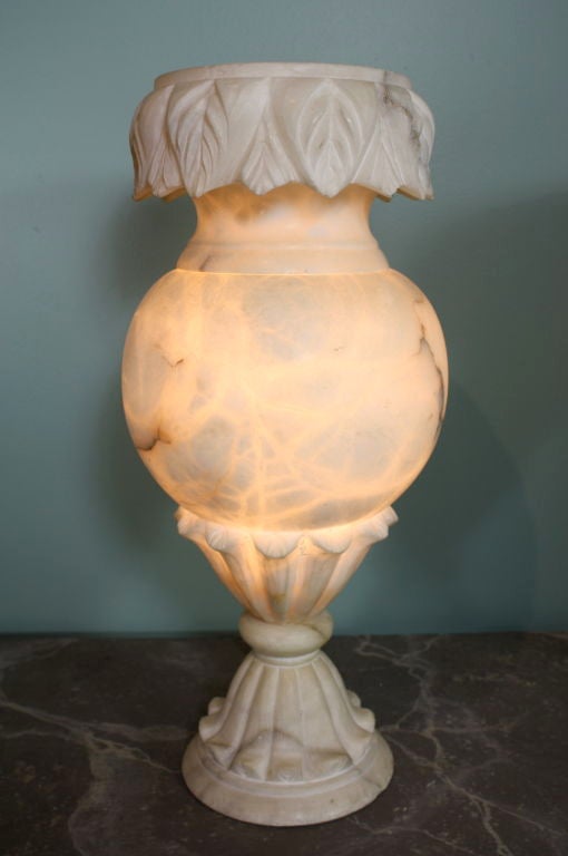 Pair of Large French Carved Alabaster Lamps In Good Condition For Sale In Pembroke, MA