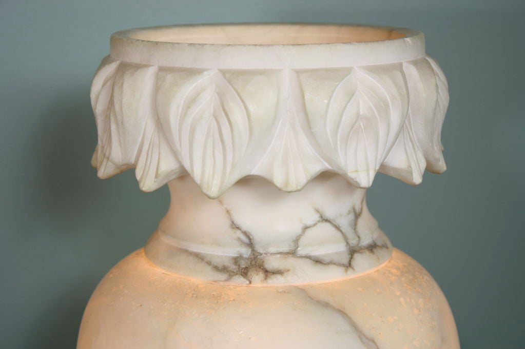 Pair of Large French Carved Alabaster Lamps For Sale 4