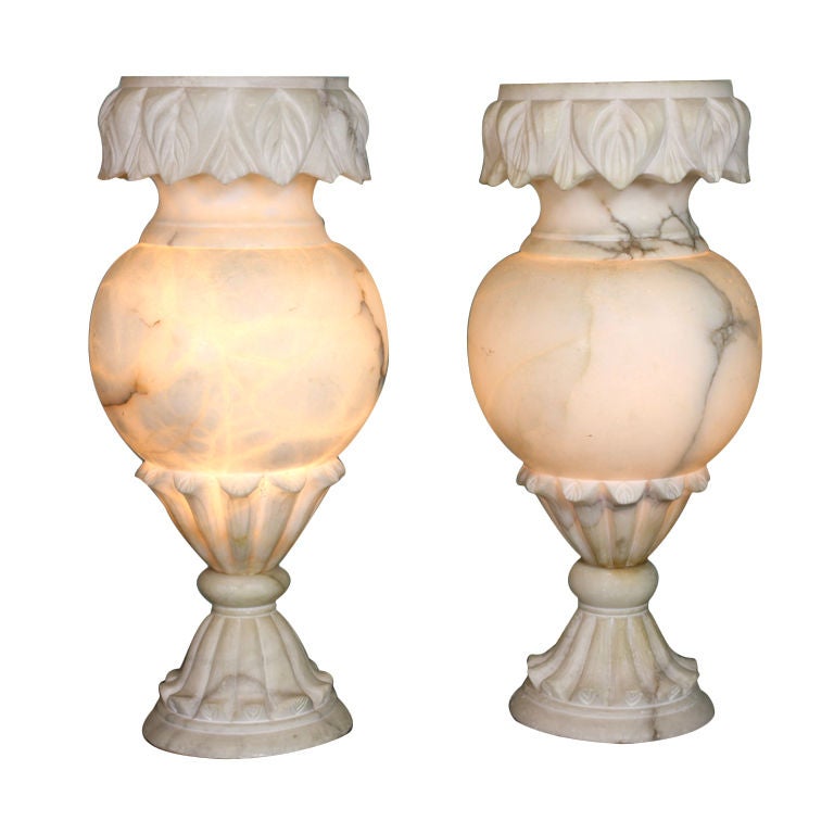 Pair of Large French Carved Alabaster Lamps For Sale