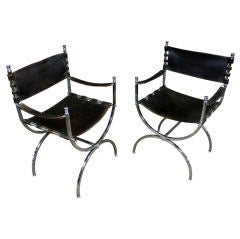 Pair of Chrome and Leather Armchairs Attr. to Maison Jansen