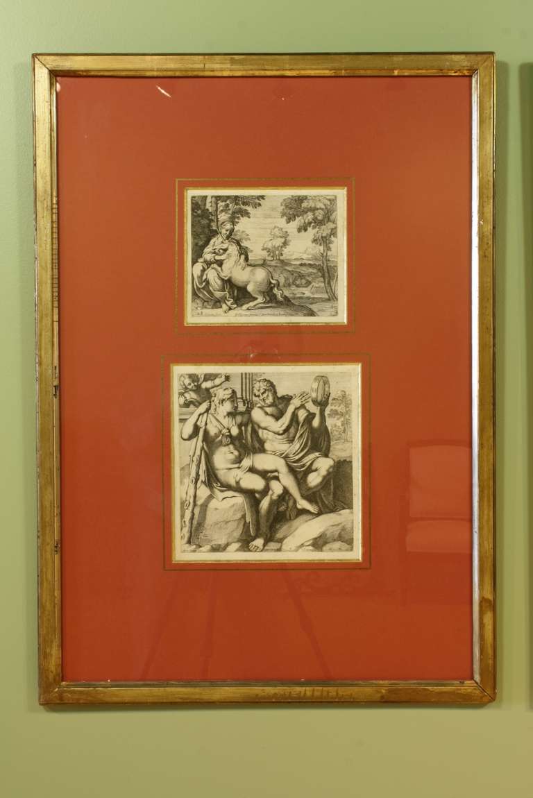 Two French matted and framed 18th century black and white engravings inspired by Classical Antiquity. The first frame contains an engraving of a woman patting a unicorn, and a man and woman courting with cupid in the background. The second frame