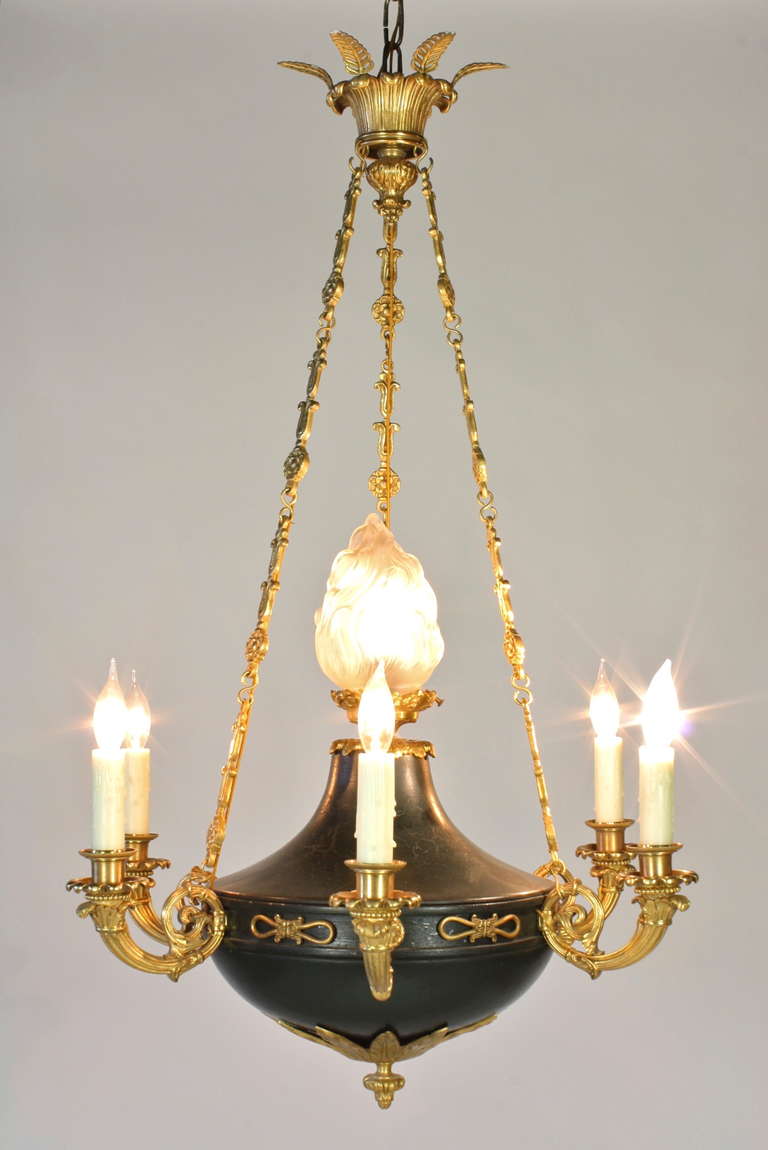 Molded French Empire Style Chandelier with Frosted Glass Flame For Sale