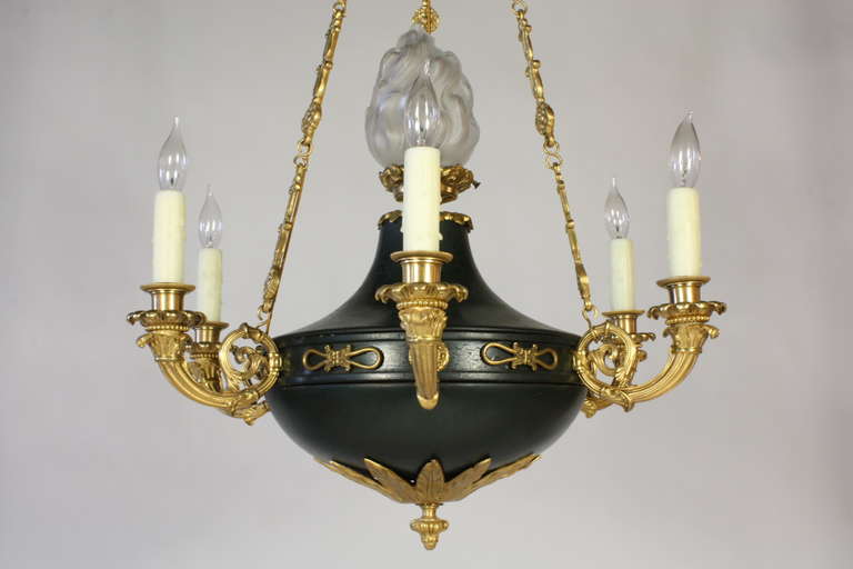 French Empire Style Chandelier with Frosted Glass Flame In Good Condition For Sale In Pembroke, MA
