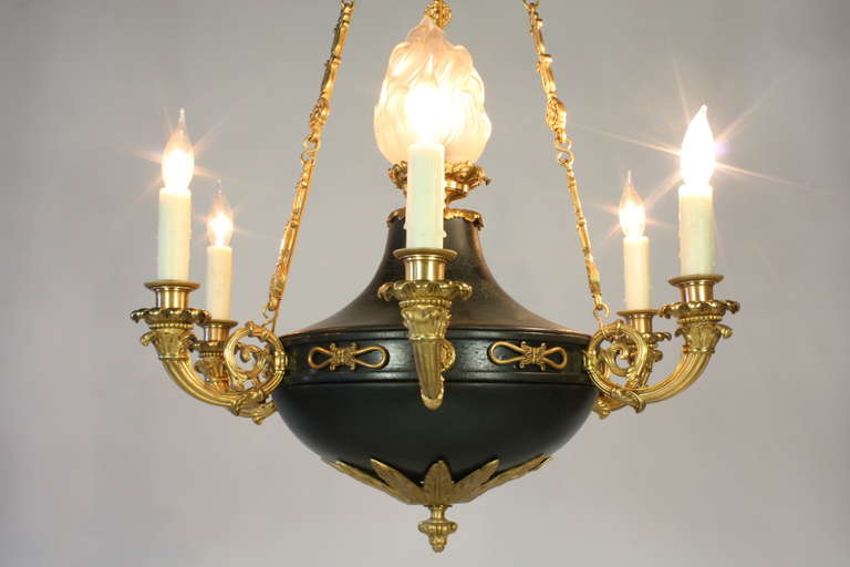 19th Century French Empire Style Chandelier with Frosted Glass Flame For Sale