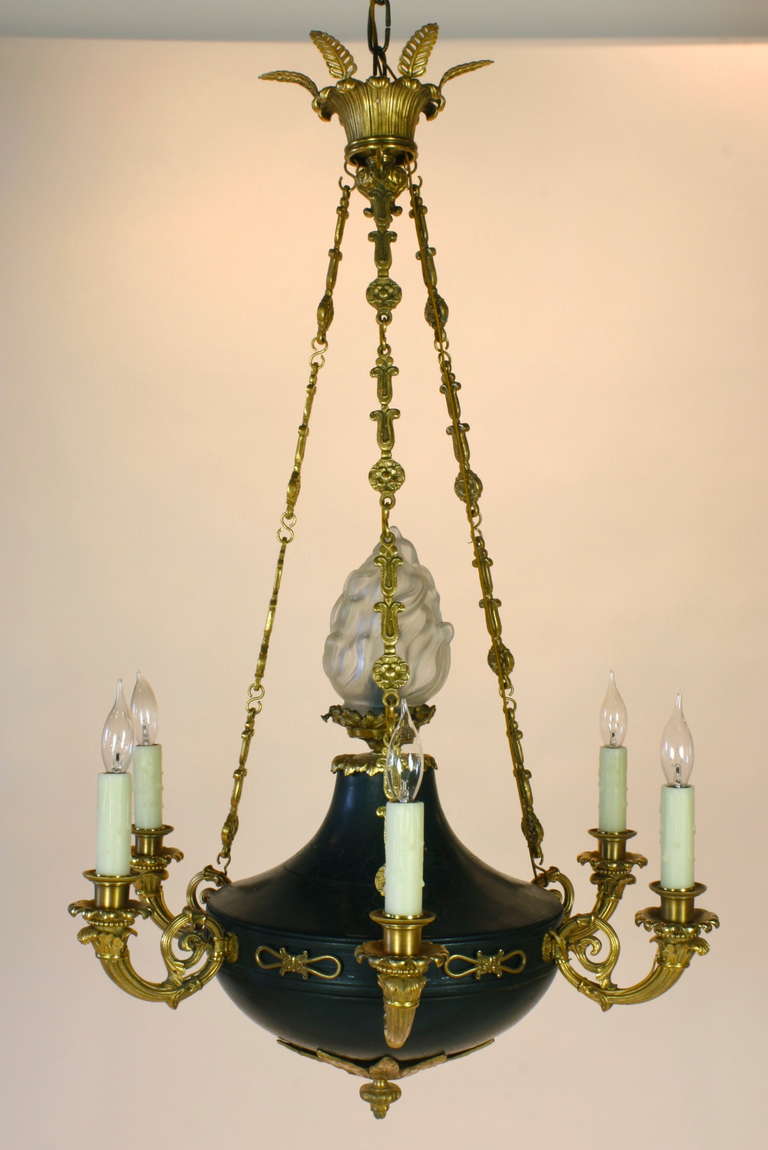 French Empire Style Chandelier with Frosted Glass Flame For Sale 2