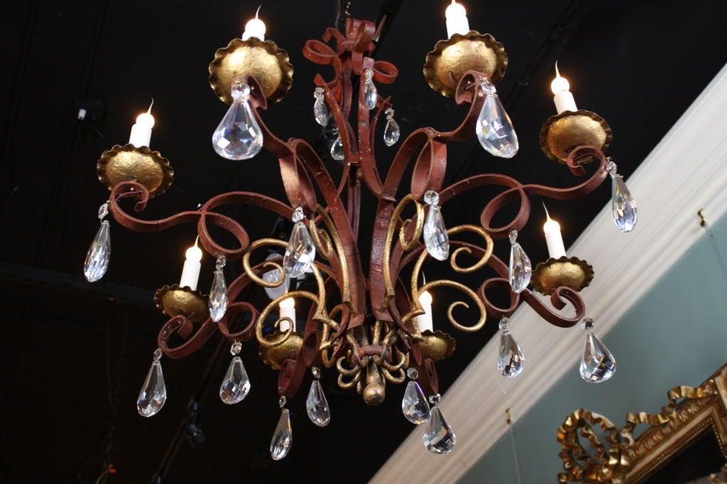 French Iron, Gilt-Tole and Crystal Chandelier In Good Condition In Pembroke, MA