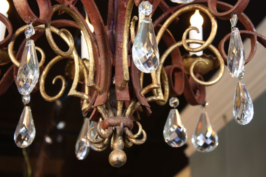 20th Century French Iron, Gilt-Tole and Crystal Chandelier