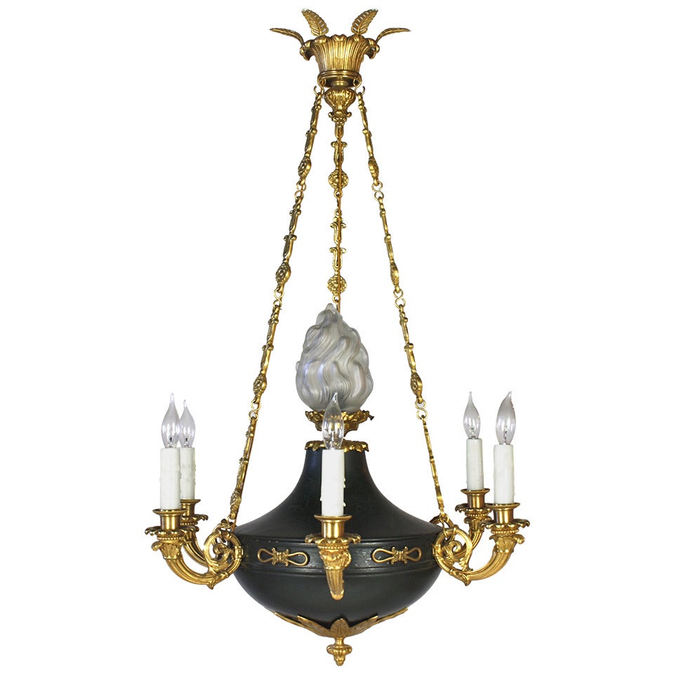 French Empire Style Chandelier with Frosted Glass Flame For Sale