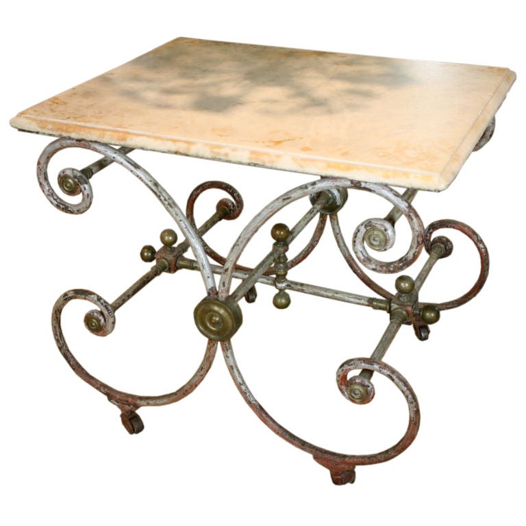 French Iron Baker's Table with Marble Top