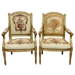 Antique Pair of French Louis XVI Style Giltwood Fauteuils