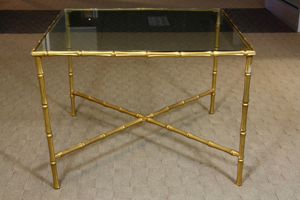 French gilded bronze coffee table in nicely-cast bamboo form, Maison Baguès Style, with glass top.