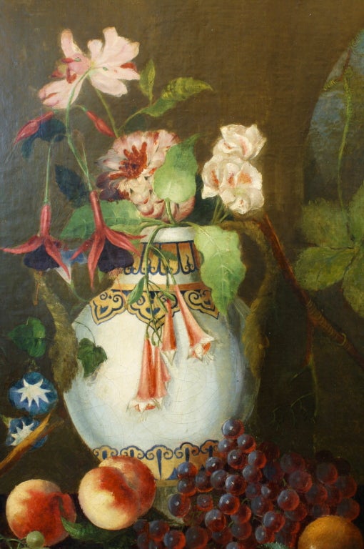 19th Century French Still Life Painting of Moroccan Urn, Flowers and Fruit