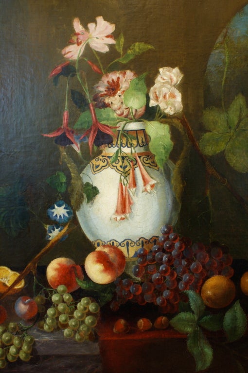 Canvas French Still Life Painting of Moroccan Urn, Flowers and Fruit