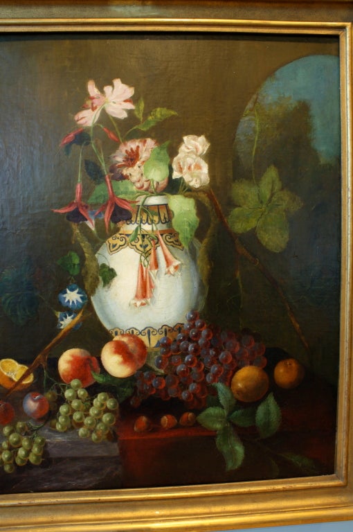French Still Life Painting of Moroccan Urn, Flowers and Fruit 6