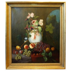 Antique French Still Life Painting of Moroccan Urn, Flowers and Fruit