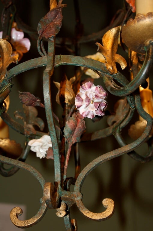 French Iron and Tole Leaf Lantern with Porcelain Flowers For Sale 4