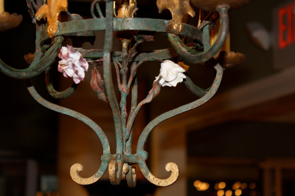 French Iron and Tole Leaf Lantern with Porcelain Flowers In Good Condition For Sale In Pembroke, MA