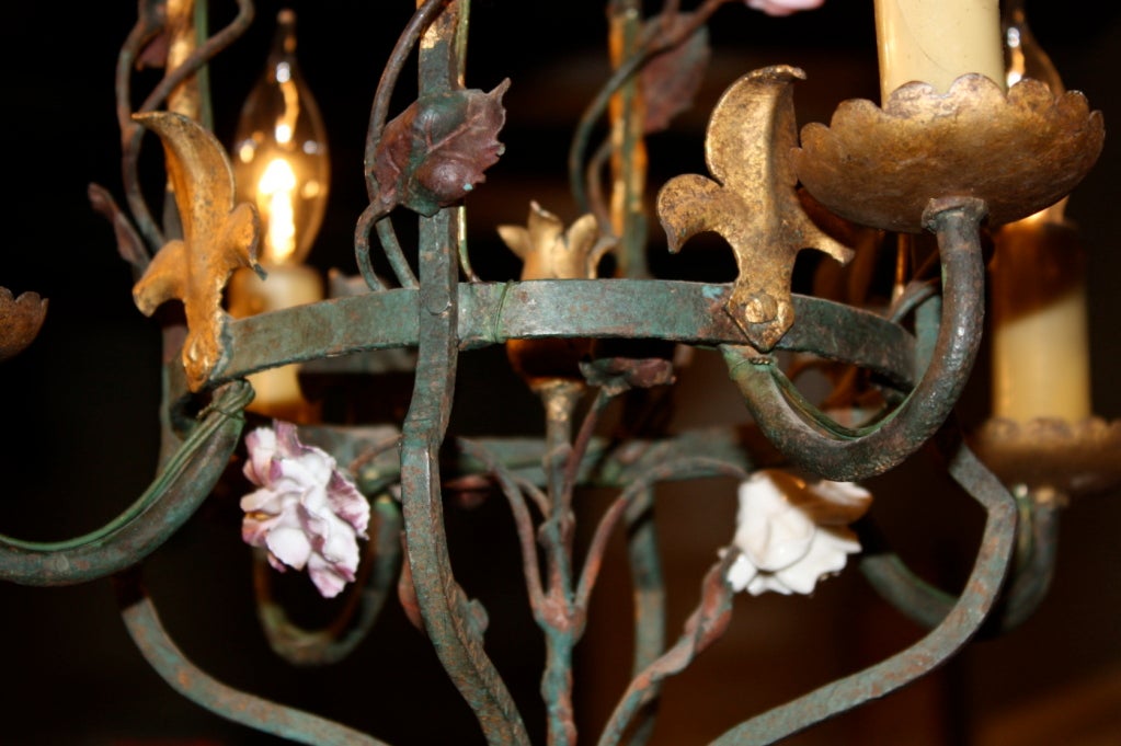 20th Century French Iron and Tole Leaf Lantern with Porcelain Flowers For Sale