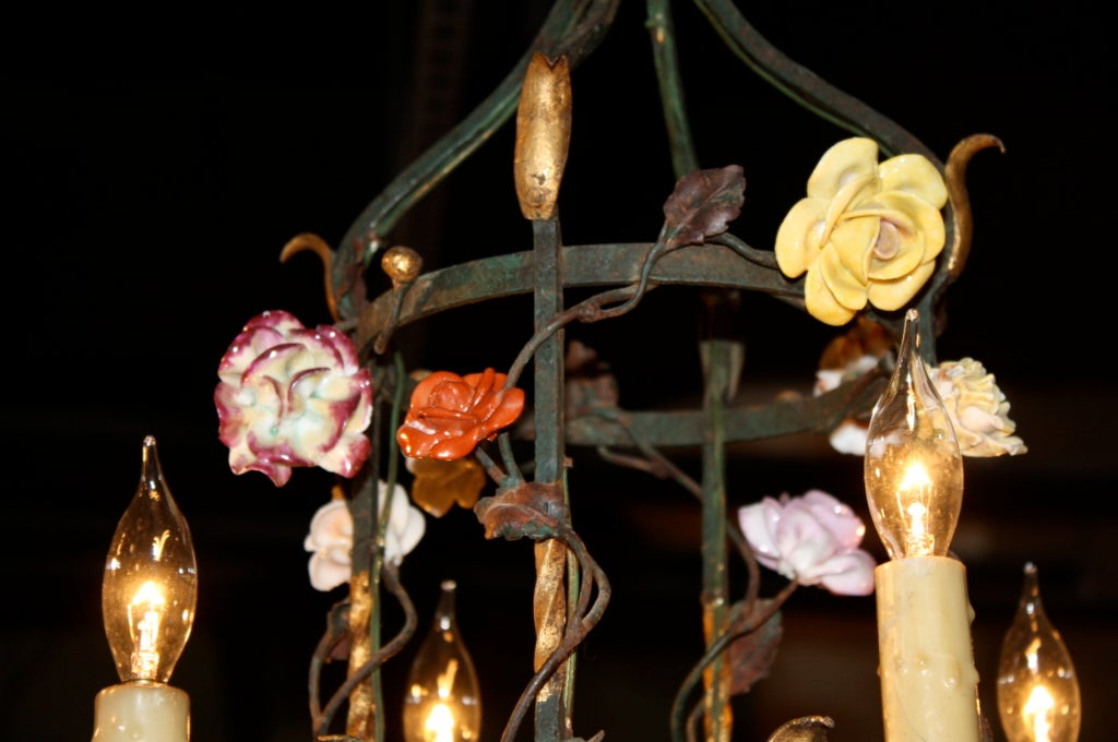 French Iron and Tole Leaf Lantern with Porcelain Flowers For Sale 1