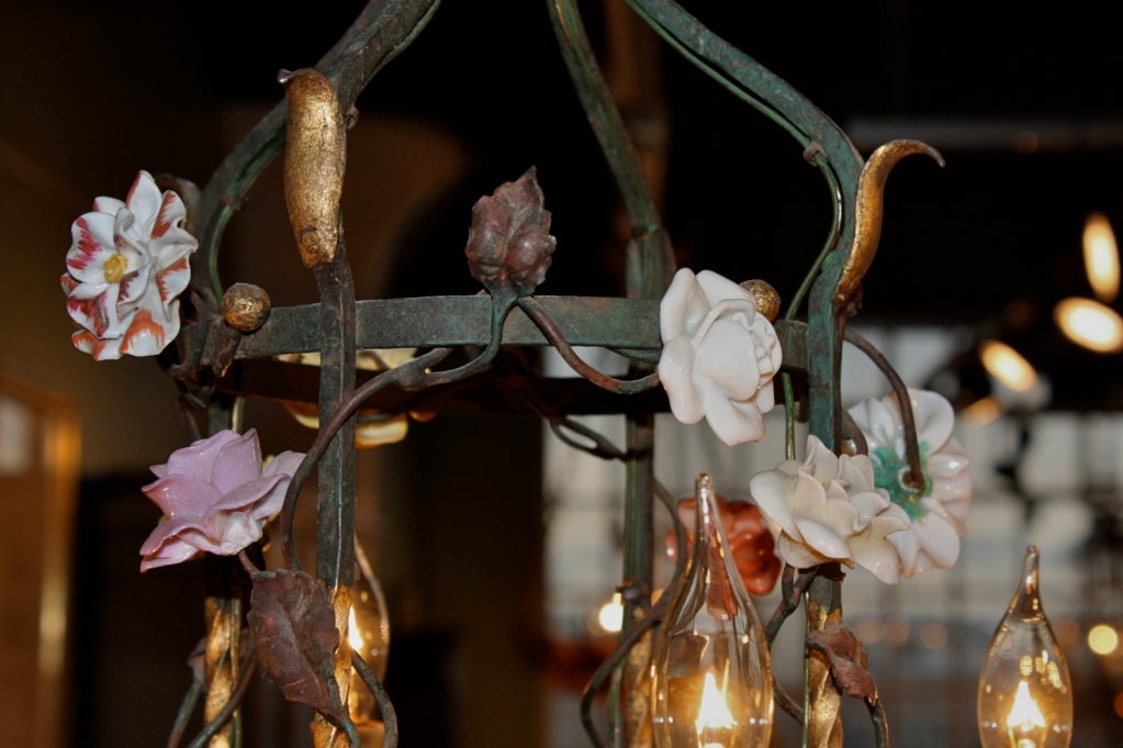 French Iron and Tole Leaf Lantern with Porcelain Flowers For Sale 2